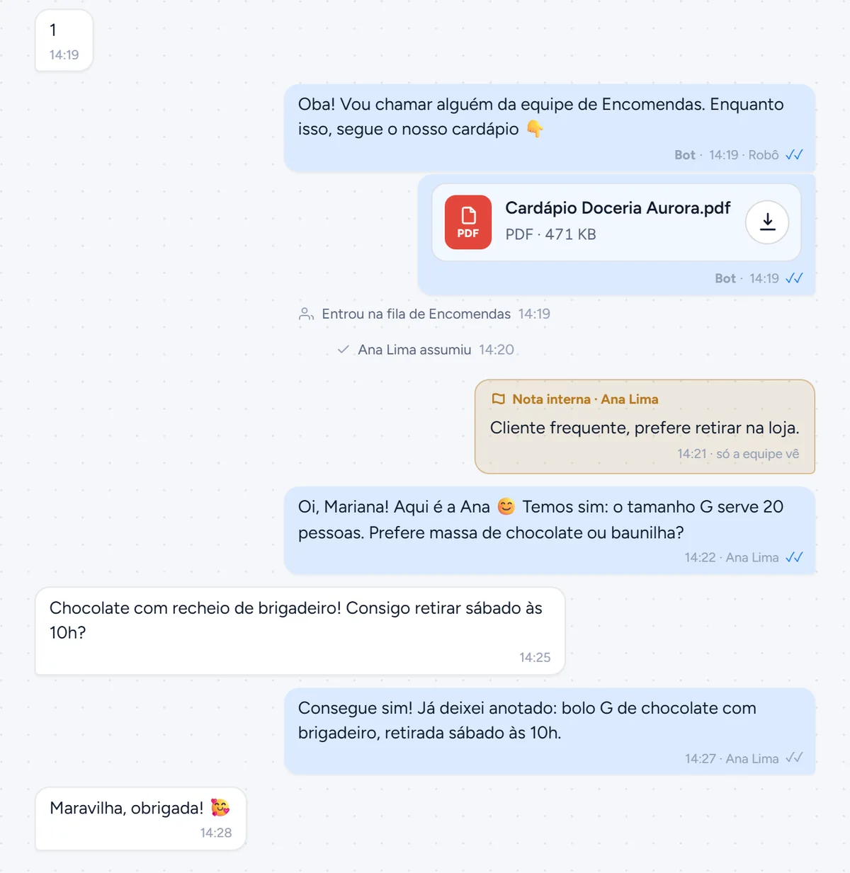 Conversa em que o robô envia o cardápio e uma atendente assume o atendimento.